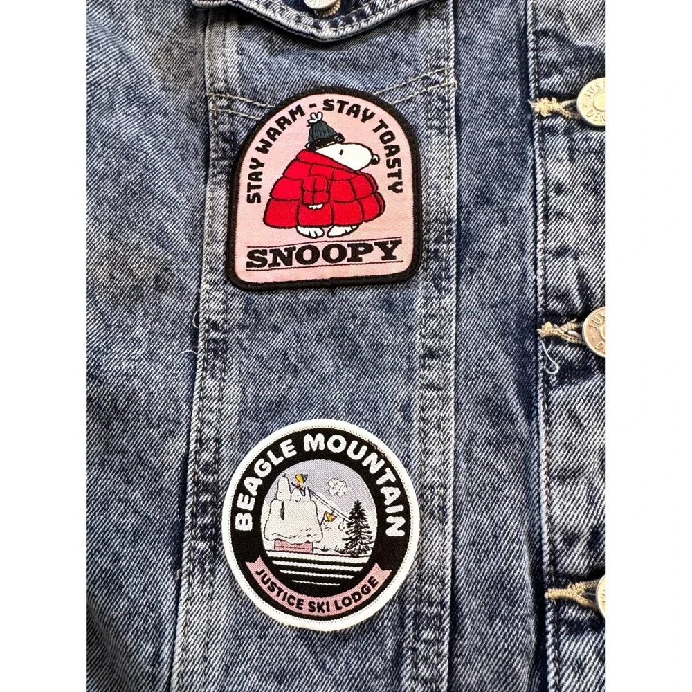 Justice Peanuts Snoopy Denim Jacket Kids‎ Size 7/8 Blue Sherpa Patches Kidcore